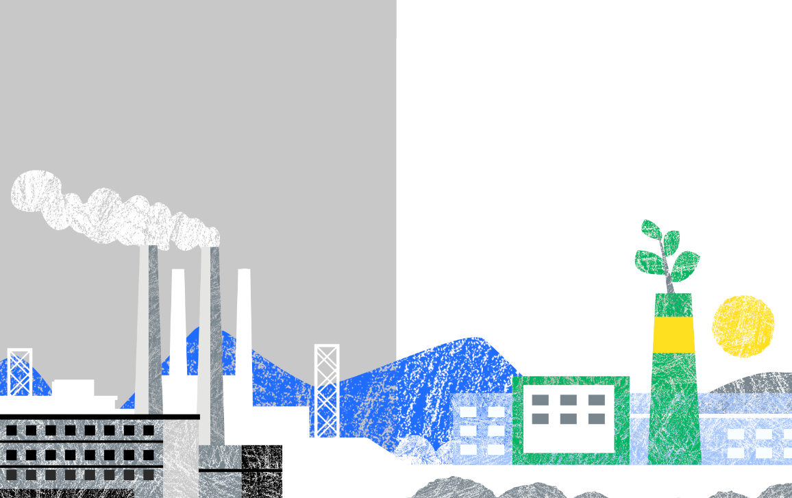 Ilustracija tvornica koje jako zagađuju na lijevoj strani, ilustracija tvornice koja manje zagađuje na desnoj strani.