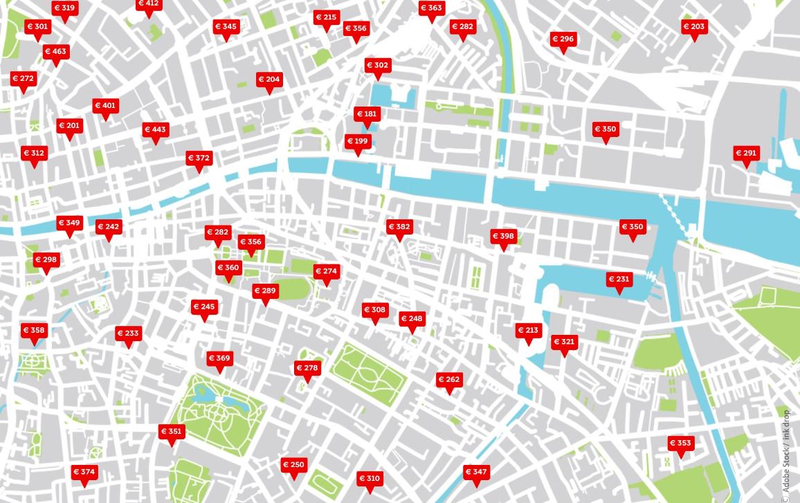 Map with different pins indicating short-term rental locations