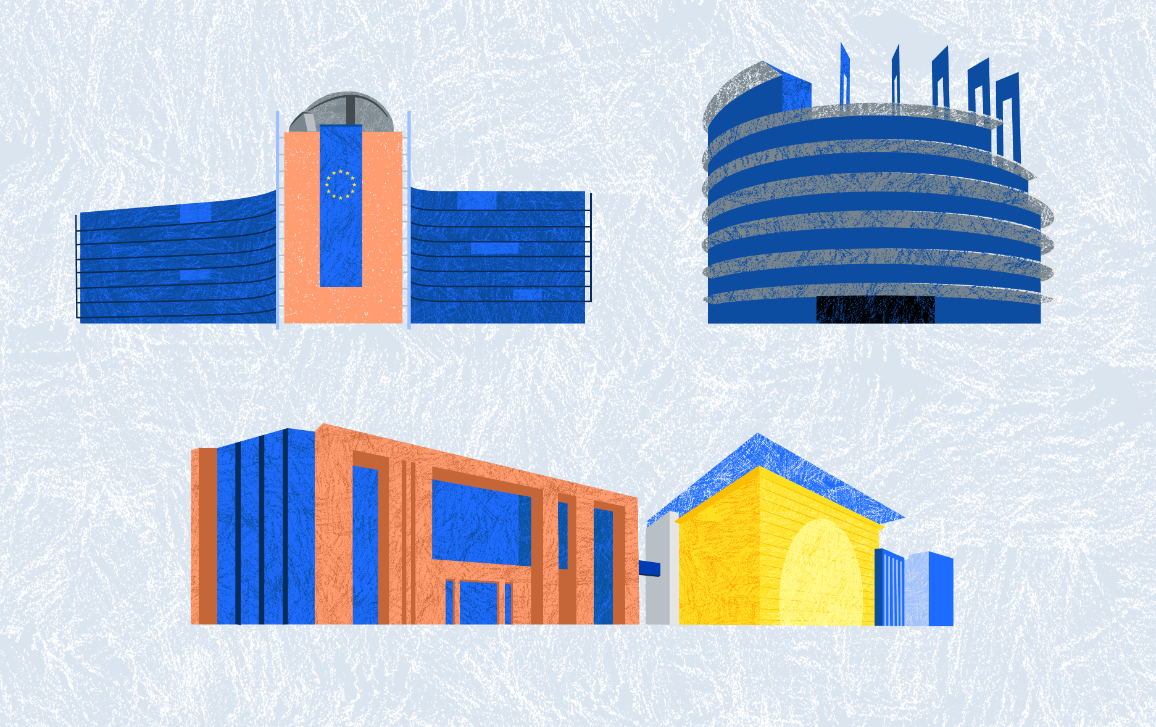 Illustration der Gebäude der Europäischen Kommission, des Europäischen Parlaments, des Rates der Europäischen Union und des Europäischen Rates.