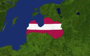 A map of Latvia in its near region, the country is covered by its flag