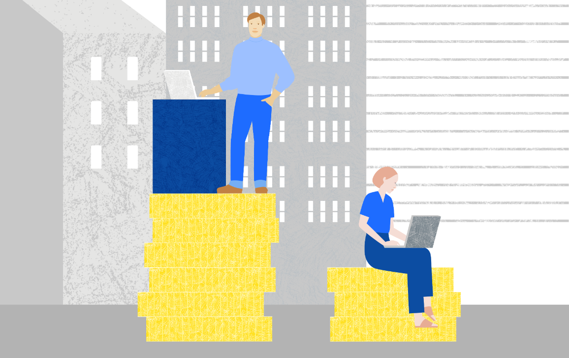 Iliustracija, simbolizuojanti vyrų ir moterų darbo užmokesčio skirtumus