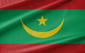 Mauritanian flag green flag with two red lines on the top and the bottom. in the middle, a yellow star with a yellow crescent moon
