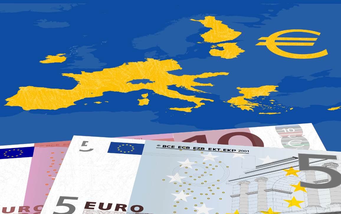 Map of the Euro area with euro banknotes.