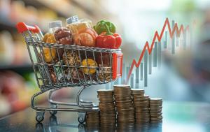 grocery products, a bunch of coins and a graph