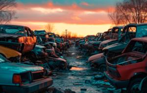 Scrap yard with the sunset in the background