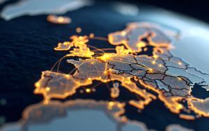 A fraction  of the globe showing European countries connected by lighten dots