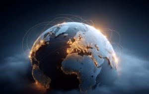 An image of the Earth with lightened hubs and visible connection between the hubs