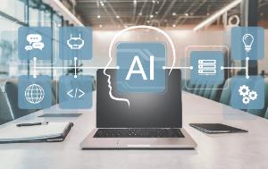 8 blue icons on AI in an office meeting room