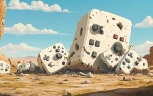 a few concrete blocks scattered around, with a desert in the background