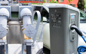 Picture collage of an electric car plugged in to a charging station and a power supply port