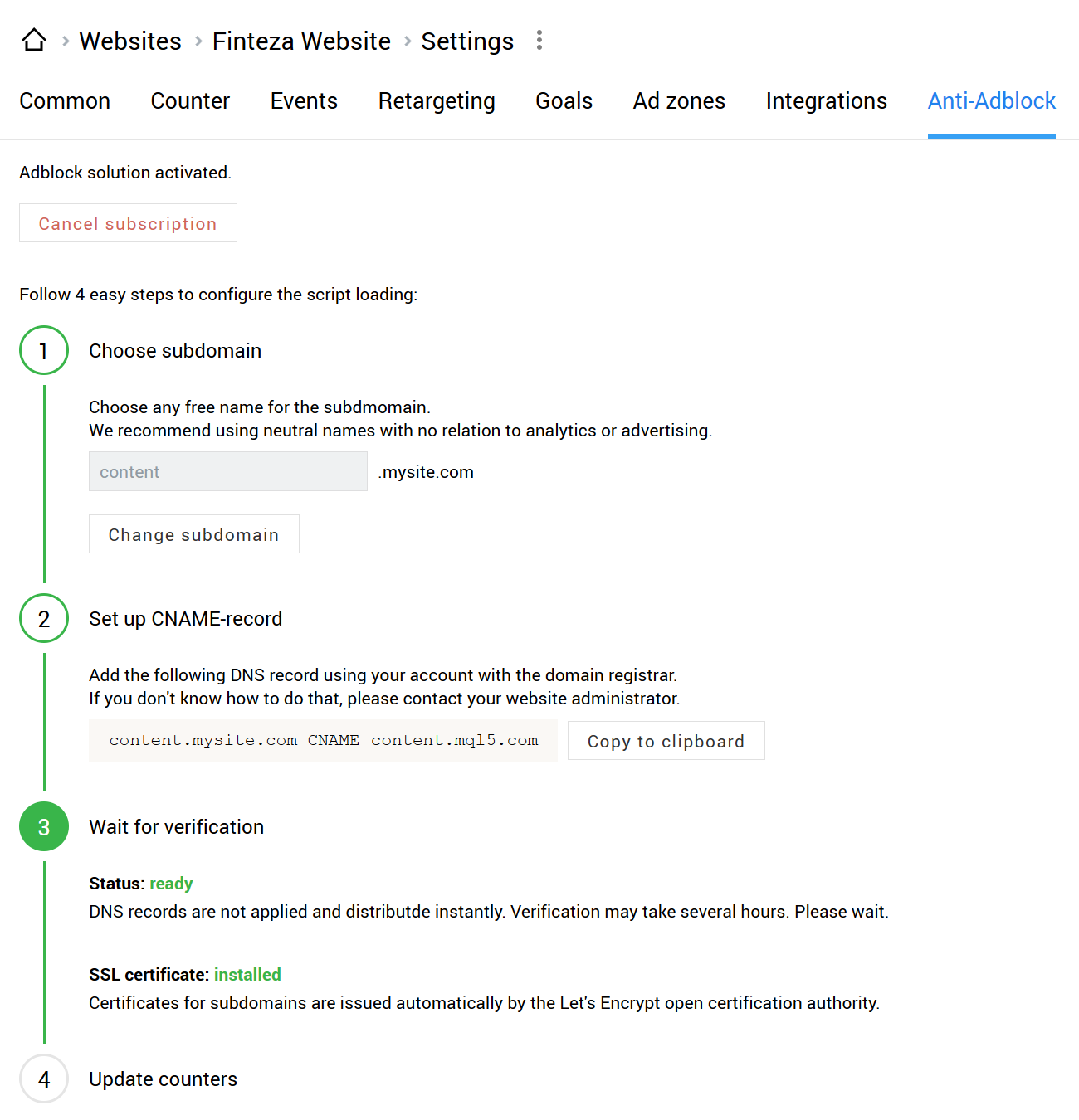 Selepas menambah rekod CNAME, tunggu untuk pemeriksaan domain dan pemasangan sijil.