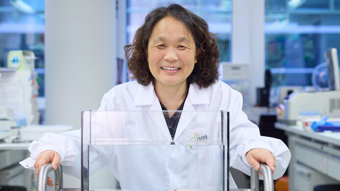 Elly Tanaka im Labor hinter einem Terrarium mit einem Axolotl