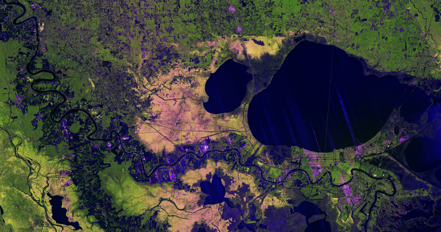 A full color overhead view of the Mississippi River Delta region, including New Orleans, Lake Pontchartrain and surroundings.