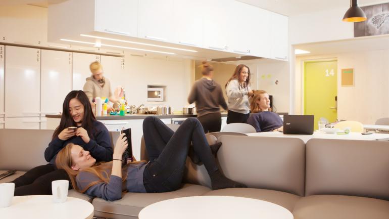 Students relaxing in a big living room