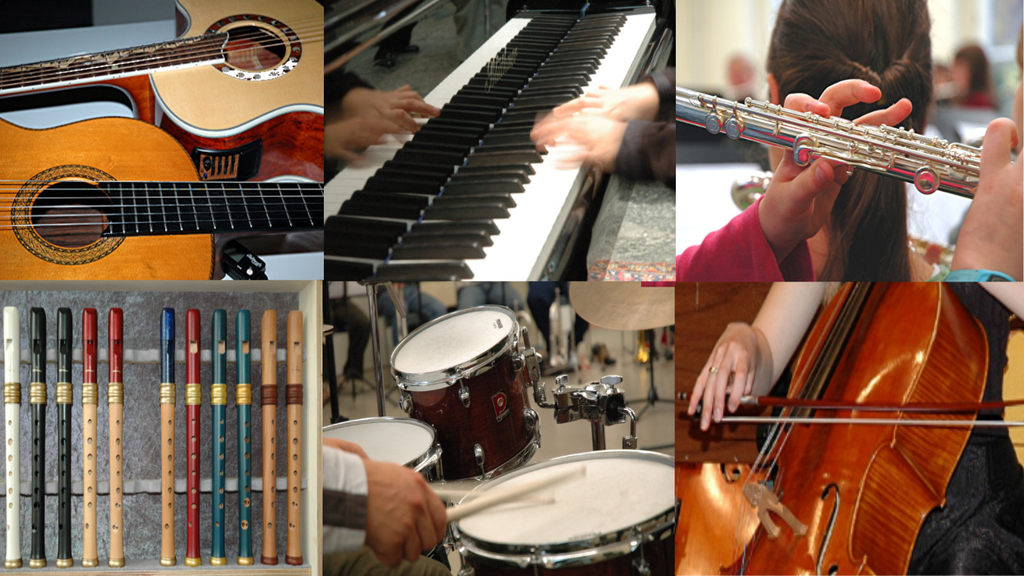 Verschiedene Musikinstrumente, Link auf Instrumentenkarussell der Rheinischen Musikschule - Stadt Köln