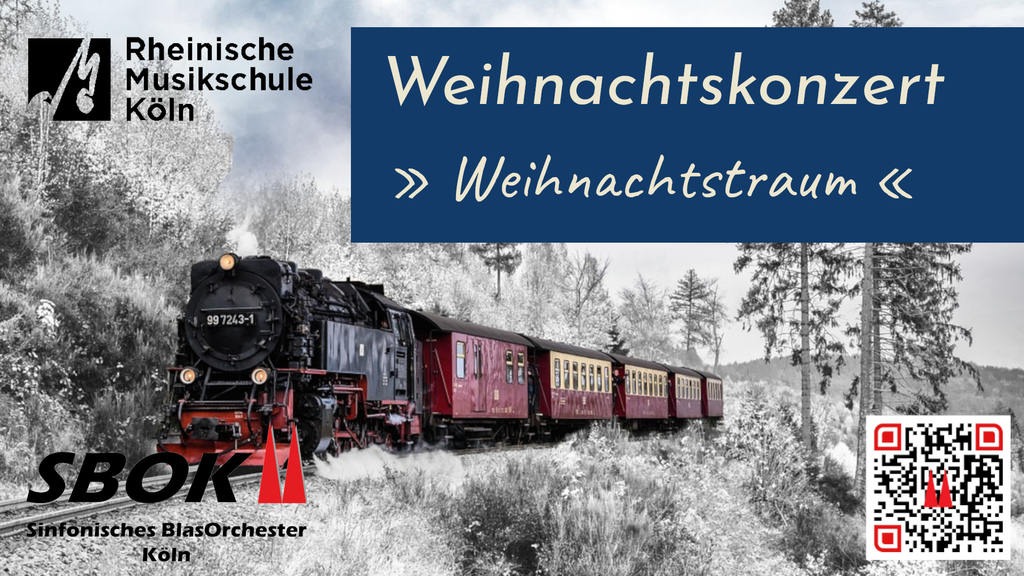 Im Hintergrund eine Winterlandschaft mit einer historischen Damp, Link auf Weihnachtskonzert 2 "Weihnachtstraum" des Sinfonischen BlasOrchesters Köln - Stadt Köln