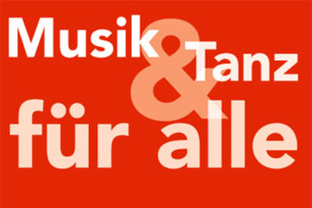 Weiße Schrift auf rotem Grund: Musik und Tanz für alle, Link auf Die Rheinische Musikschule – die Musik von morgen - Stadt Köln