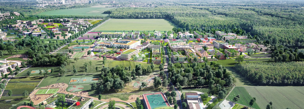 Planungsgebiet aus dem Entwurf „The Woodhood – Kreuzfeld Gartenstadt 2.0“ als Panorama-Schrägluftbild