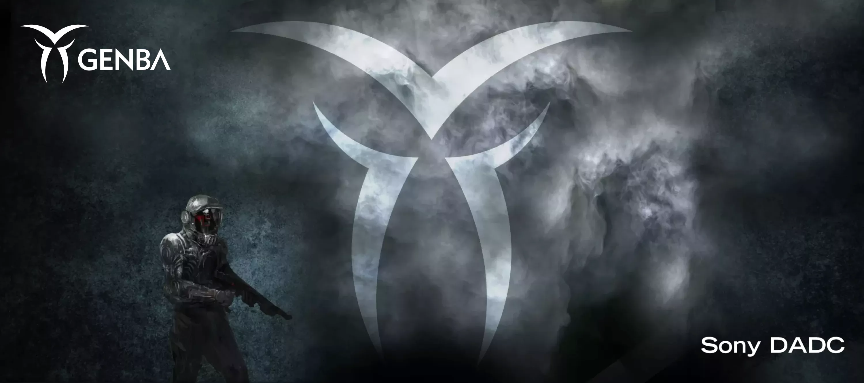 Genba logo shrouded in black smoke with a video game shooter in the bottom left corner and Sony DADC in the bottom right