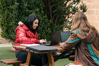 Two students at their laptop in an open space on campus with a tree at the background