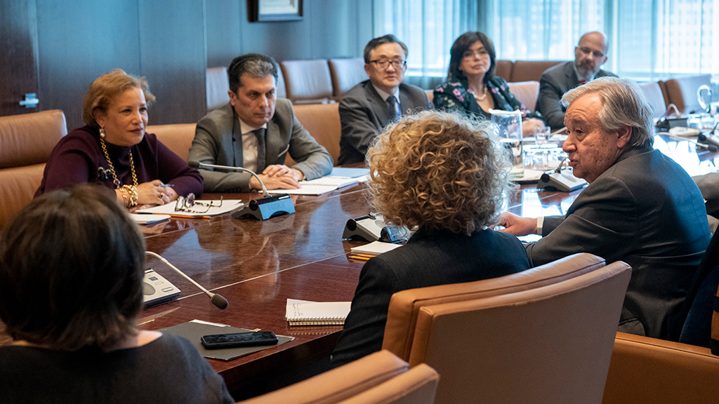 Secretary-General António Guterres (standing, centre) chairs a meeting on the Coronavirus (COVID-19) outbreak, as it relates to UN staff members as well as to coordinate the UN message in regards to the outbreak. Standing at left is Stéphane Dujarric, Spokesman for the Secretary-General, and at right is Melissa Fleming, Under-Secretary-General for Global Communications.