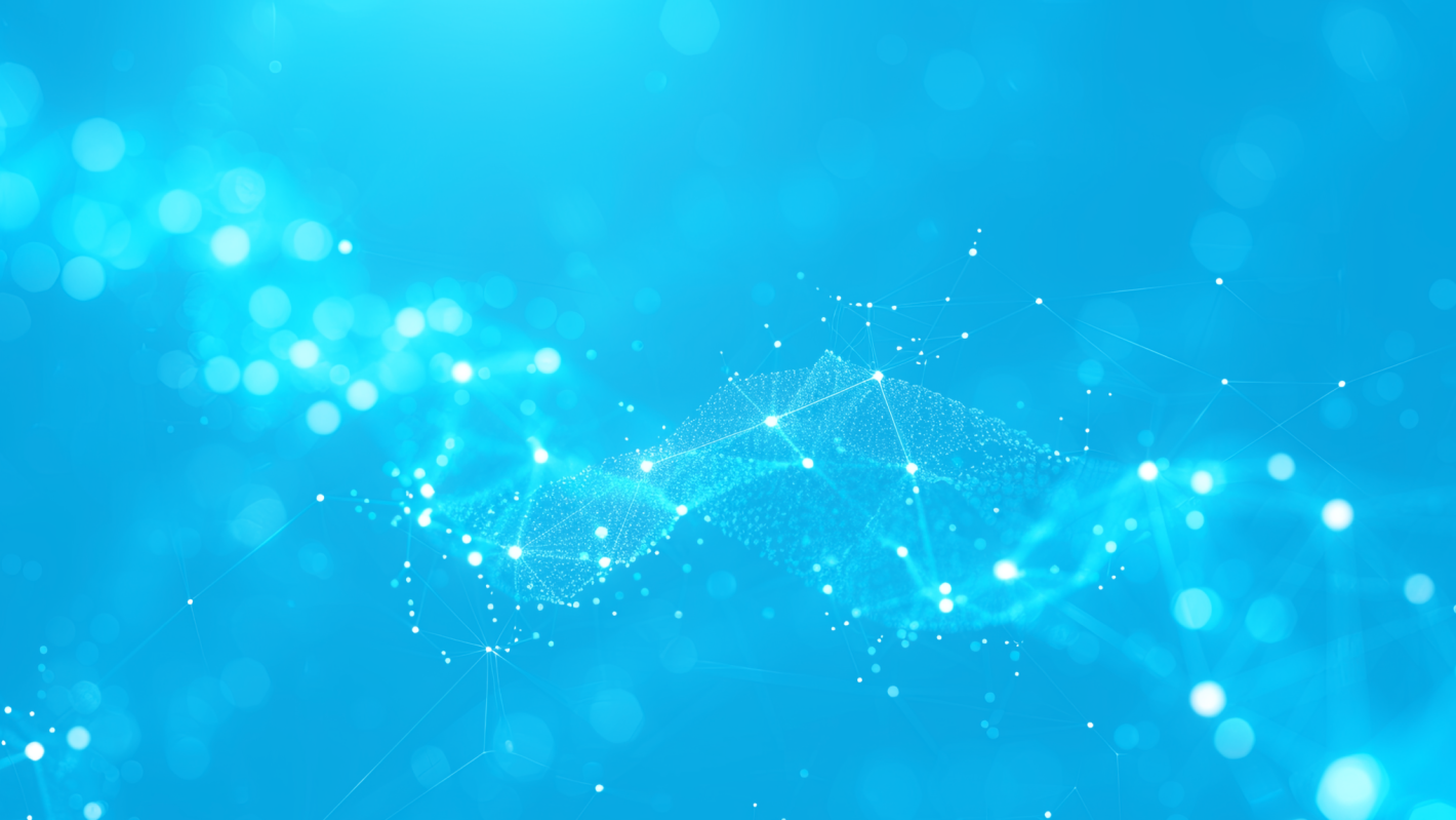 Digital wave made of glowing particles and connecting lines on a bright blue background, symbolizing data, networks, and technology.