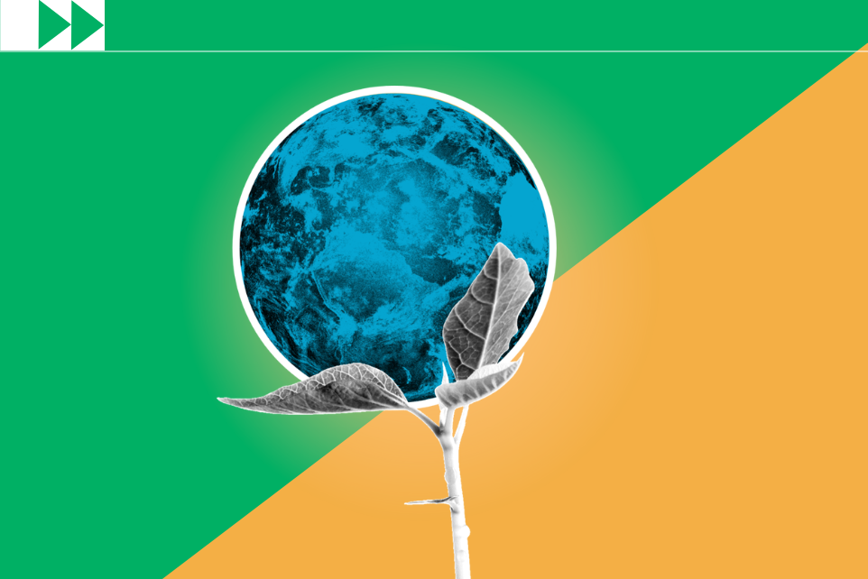 plant growing over planet Earth on a green and yellow background