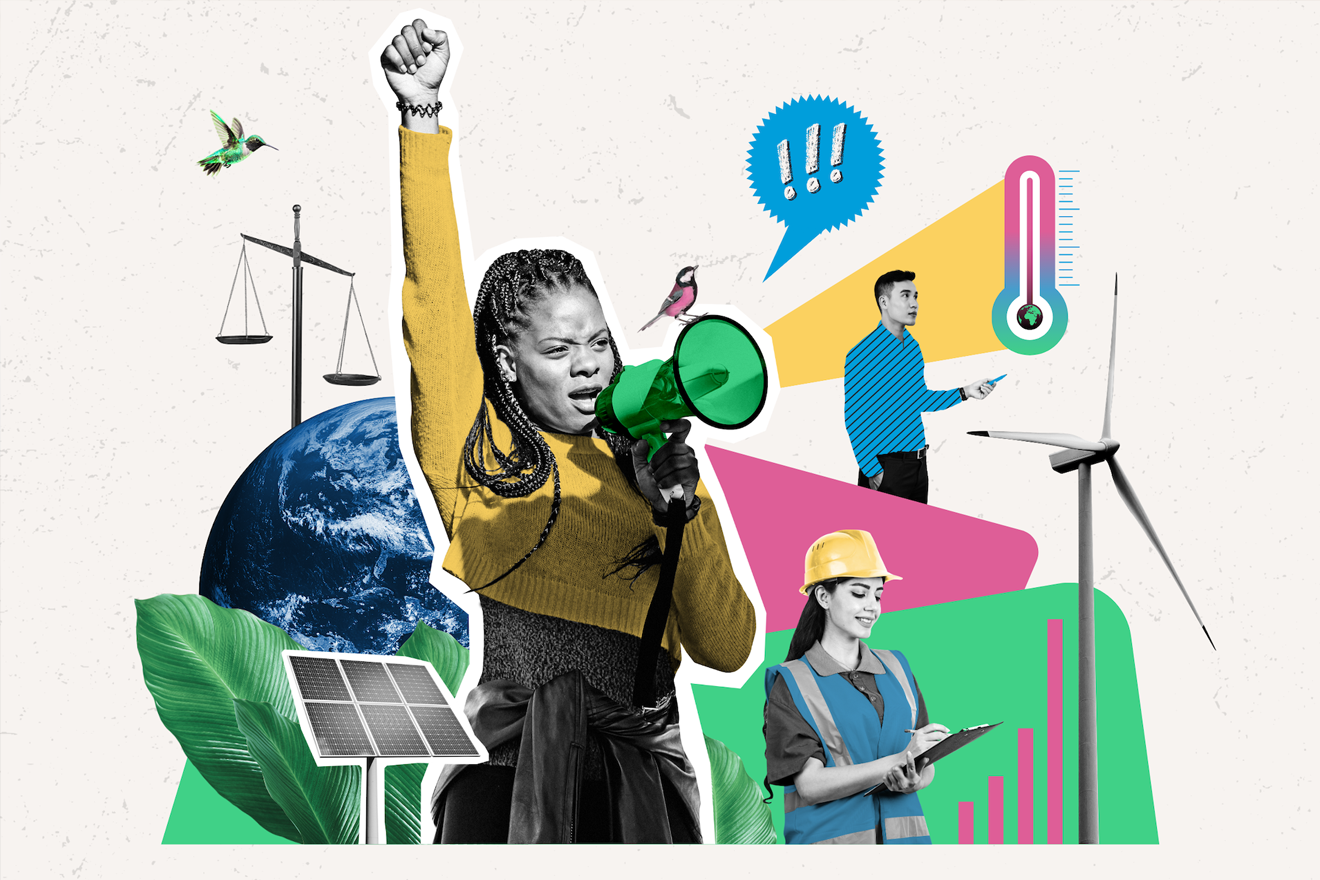  collage with a woman raising her fist with a megaphone, a worker with a clipboard, a man with a pen, a wind turbine, solar panel, earth, scales, charts, thermometer, and bird.