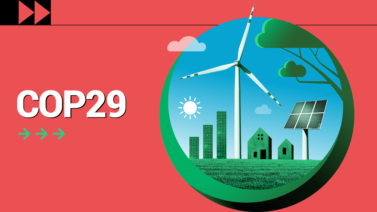 photocomposition : globe bleu avec des moulins à vent et des éoliennes sur fond rouge