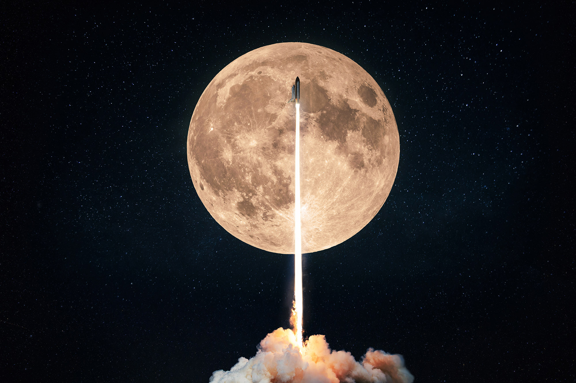 Successful rocket launch into space on the background of a full moon with craters and stars