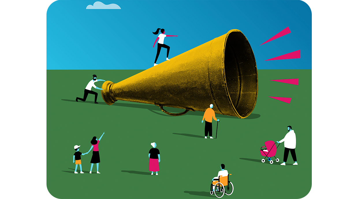 Illustration of a blow horn in a green field with people listening