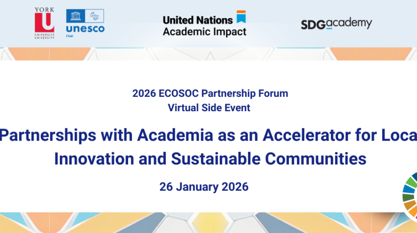 Banner for the 2026 ECOSOC Partnership Forum virtual side event on partnerships with academia for local innovation and sustainable communities, dated 26 January 2026.