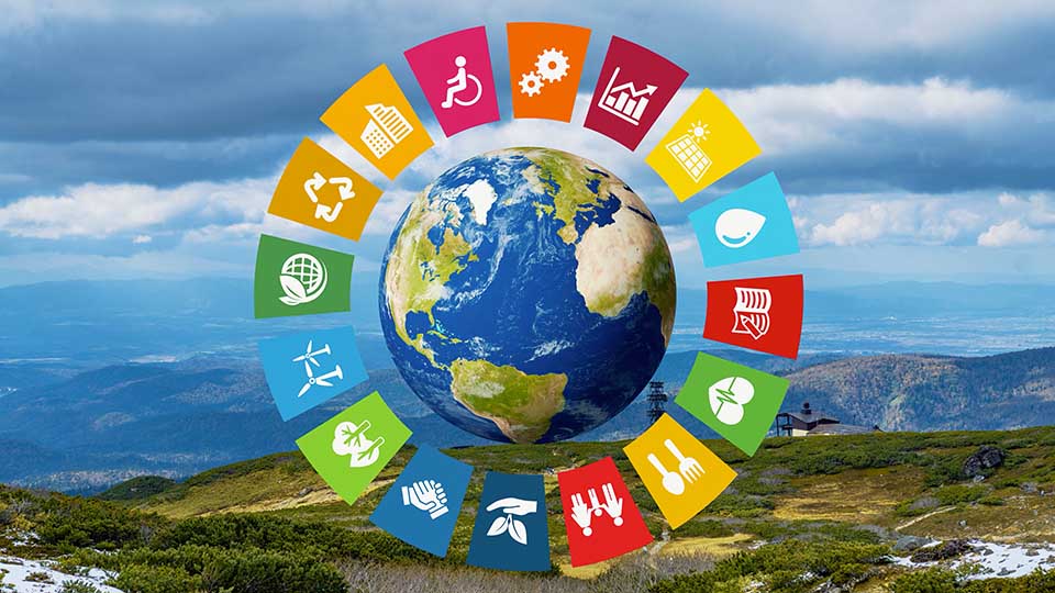 SDGs logos around a globe