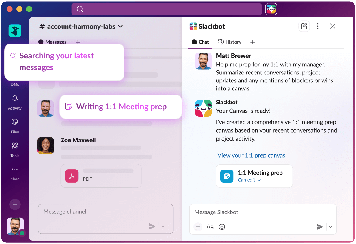 Help me prep for my 1:1 with my manager. Summarize recent conversations, project updates, and any mentions of blockers or wins into a canvas.