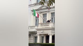 WATCH: Protester installs pre-revolution flag at Iranian embassy in London