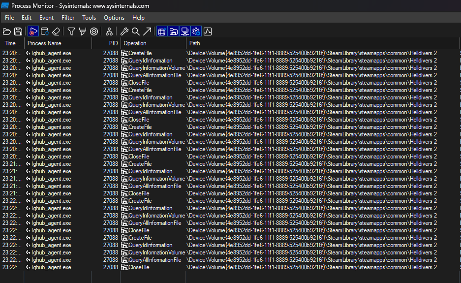 screenshot of procmon showing lghub_agent.exe accessing the Helldivers 2 installation directory a lot