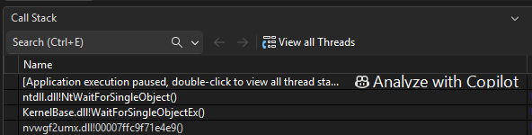 Scerenshot of a call stack in Visual Studio, with comically big Analyze with Copilot text.