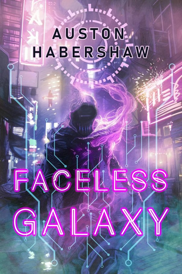 The cover of the short story collection FACELESS GALAXY, by Auston Habershaw, featuring a mysterious, somewhat amorphous figure with no face stalking the dark streets of some alien world.