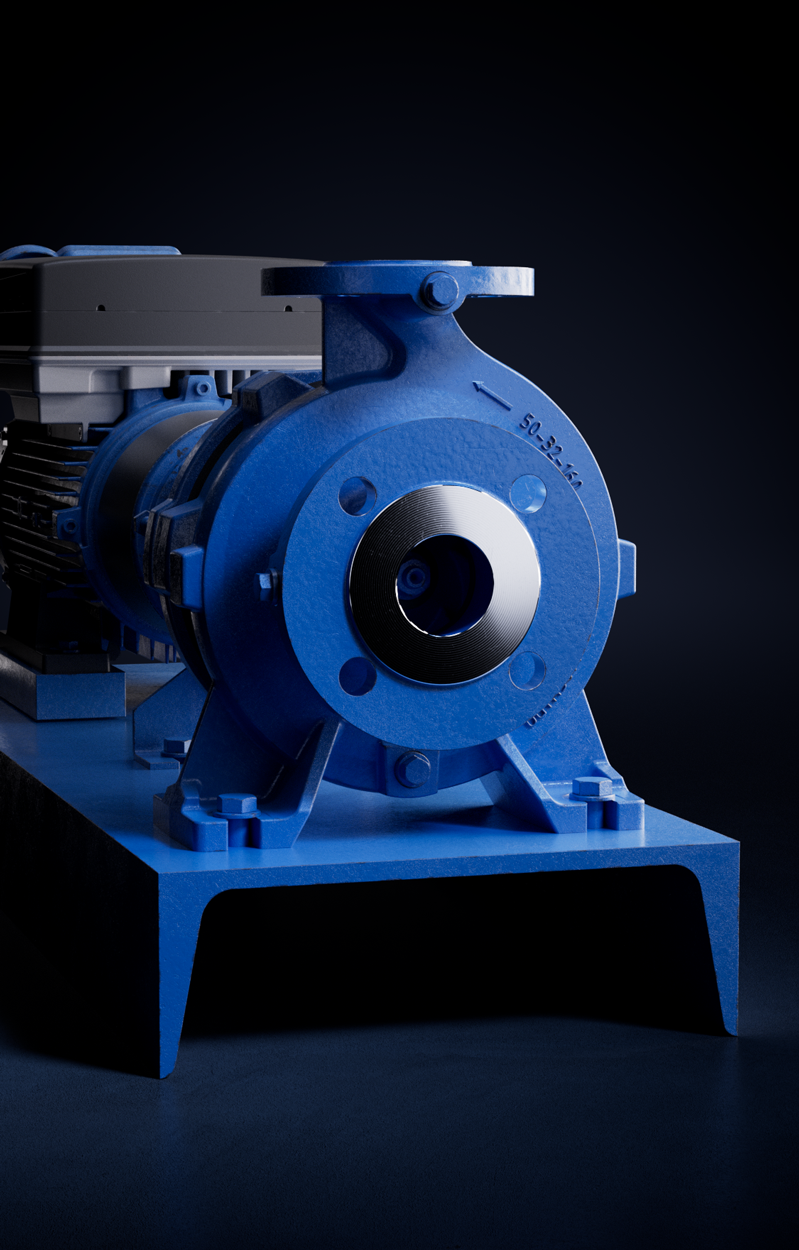 Blue vertical industrial pump against a dark background