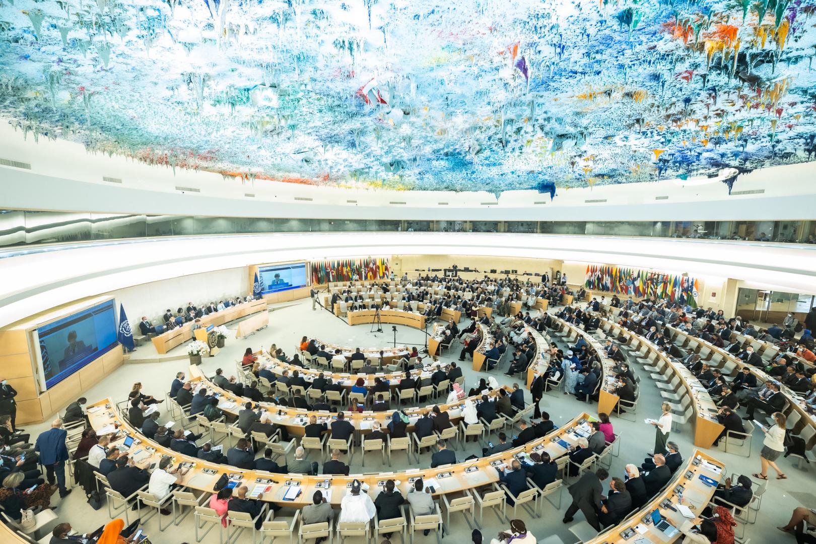 Areal photo of delegates at the plenary sitting of the 110th Session of the International Labour Conference. Monday, 6 June 2022
