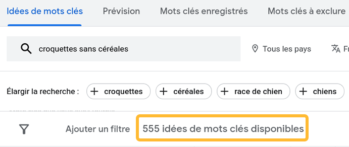 Nombre d'idées de mots-clés disponibles dans GKP