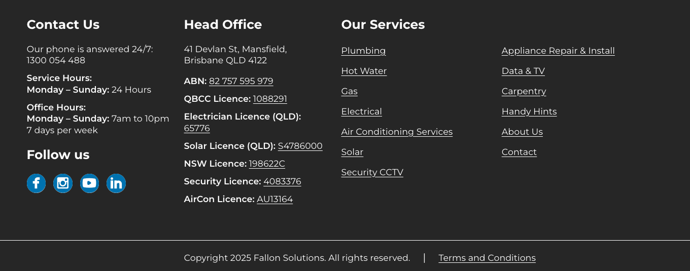 A local business' footer menu containing contact information, all it's licenses and insurances and links to relevant service pages.