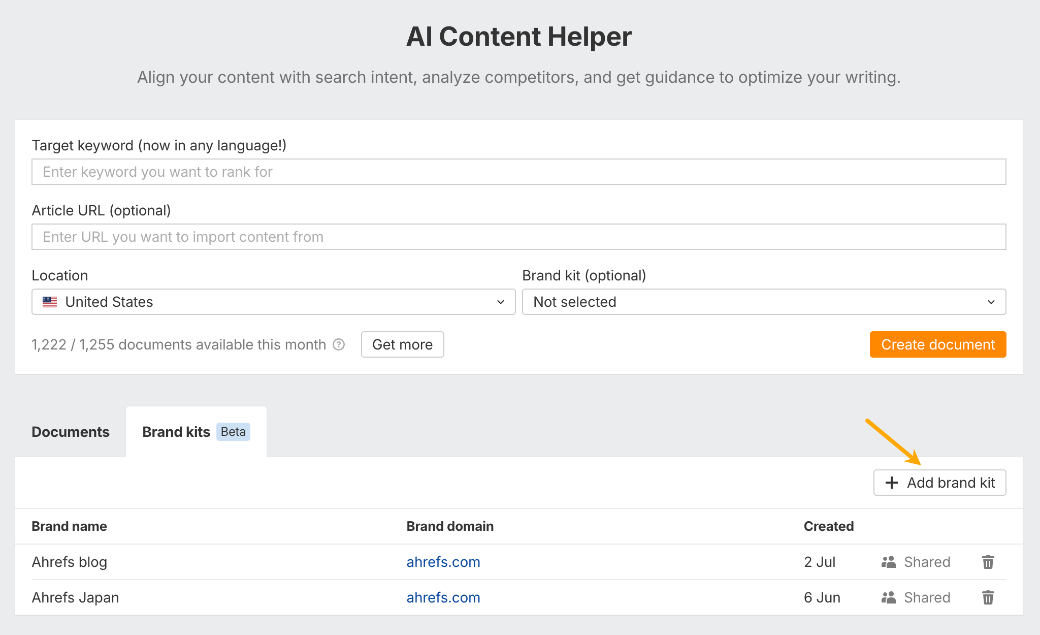 Screenshot of the Ahrefs AI Content Helper tool, highlighting the feature that allows users to add a brand kit to ensure AI-generated content matches their brand's tone and style. 