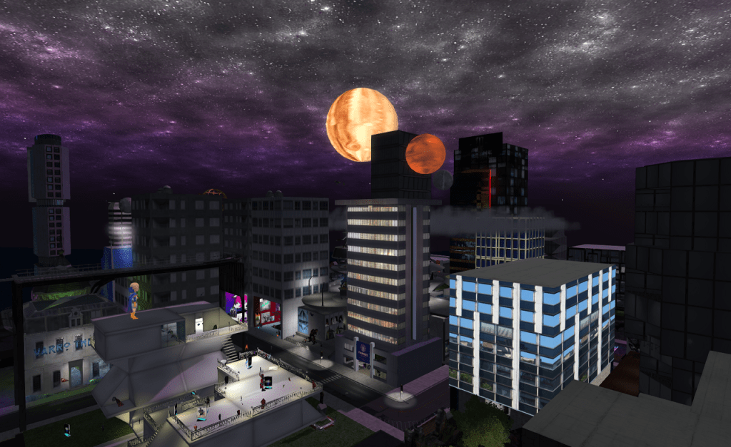 A nighttime cityscape of several blocks seen from 30 meters or so above street level. The buildings have a late 20th century look to them. Some are brightly lit, others dark. The top of a tall, black building in the distant center has a large yellow orange and smaller, Mars like planet orbiting around it. The sky, fading from black above to purple at the horizon, is filled with a dense canopy of stars.