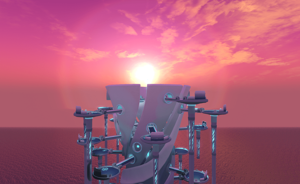 The sun sets in a purple sky with occasional orange clouds. It has a wide ring around it and is just touching the top of an inverted conical tower formed from broad twisting panels. Balconies reached by walkways are cantilevered out from the main structure at a variety of angles and heights. Nine are visible in the part of the tower that shows above the bottom of the frame. Columns descend below each balcony and show patches of cyan lighting. A redish-purple sea fills the lower background.