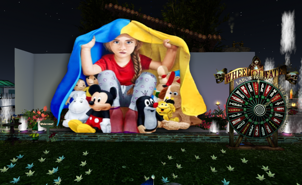 A young girl in a pajamas with a red top and light gray pattered bottoms shelters beneath a Ukrainian flag. With her under the flag is a collection of eight soft toys. To the right is a wheel of fortune.