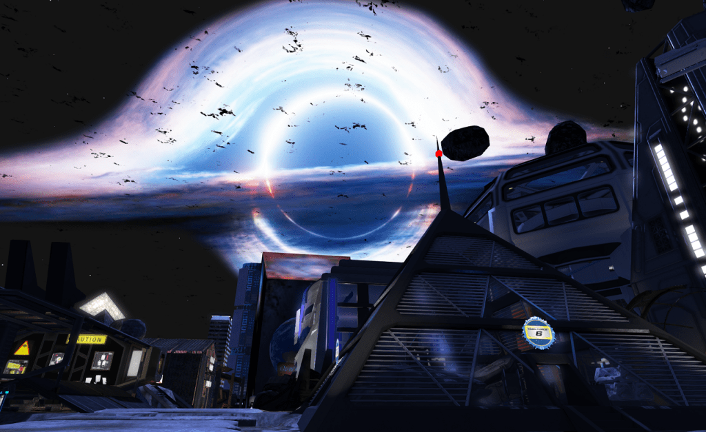A view of a futuristic city, or colony, built of numerous clashing futuristic styles. In the foreground, a three story mostly glass pyramid stands. Behind it is a domed structure with many wide windows. At the right edge of the view is a very angular construction with vertical lines of brightly lit windows. The overhead, otherwise black, is filled with what looks like streams of gas, glowing purple to white, then blue, streaming into a galactic black hole. Clumps of debris can be seen in silhouette, apparently orbiting the black hole along with whatever planet, moon, or asteroid the viewer is looking from