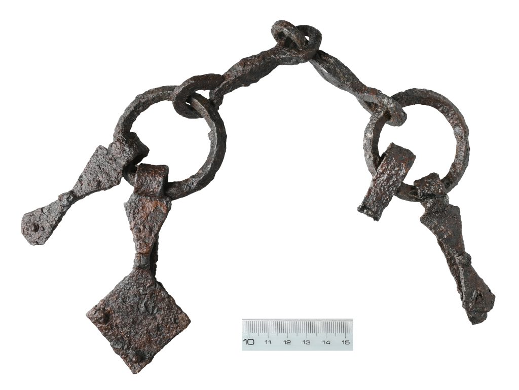 En del av en hästutrustning mot vit bakgrund.