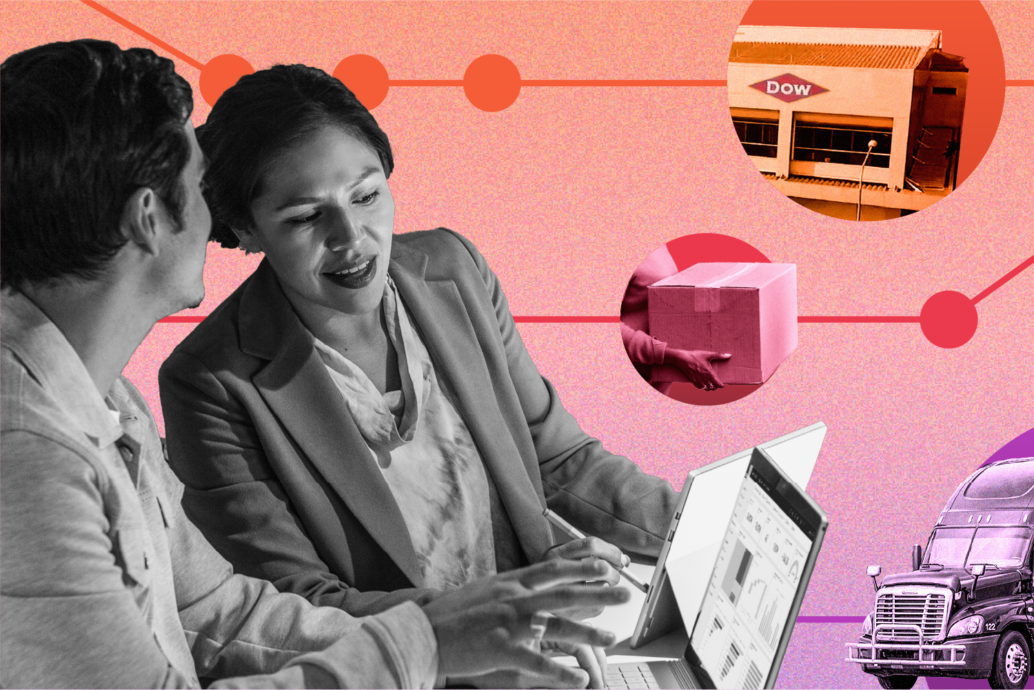 A collage of images, including two colleagues using laptop computers consulting with each other; the exterior of a building with a DOW sign on the wall; a tightly cropped image of a person carrying a sealed cardboard box; and the front half of a semi truck with trailer.