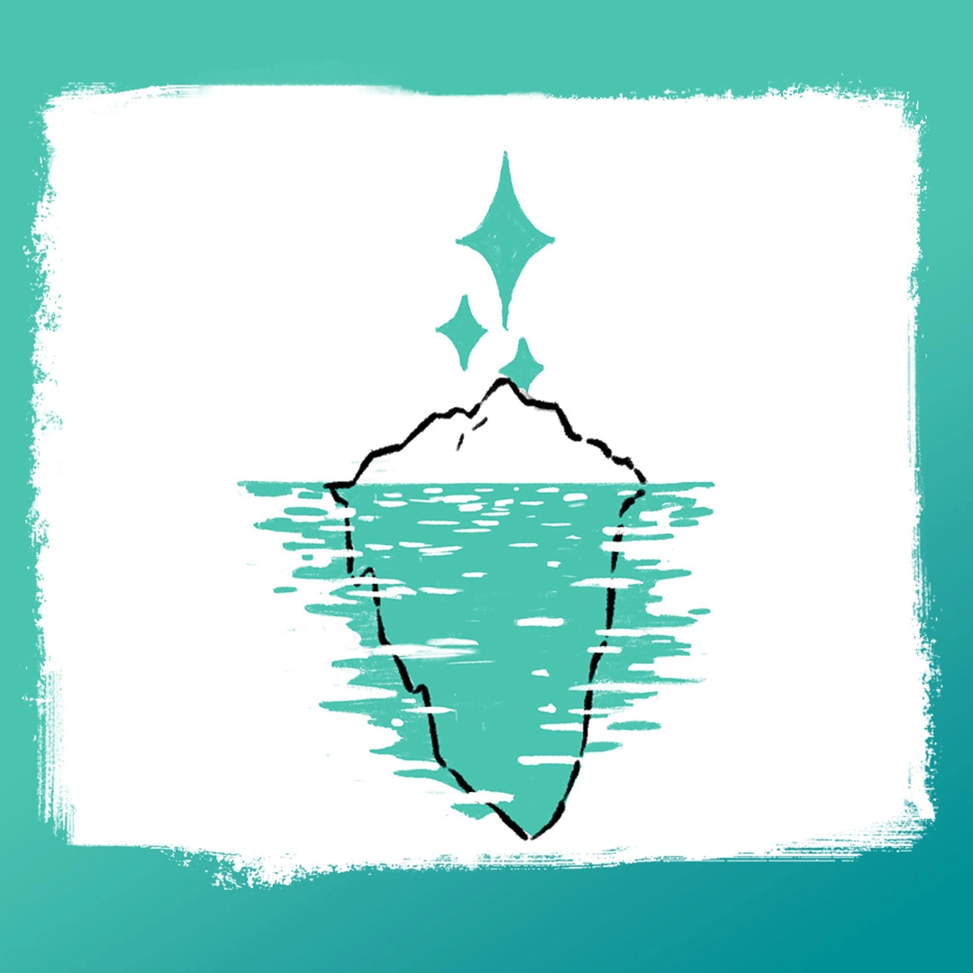An illustration of an iceberg, with just the very top above water and the larger portion underwater.